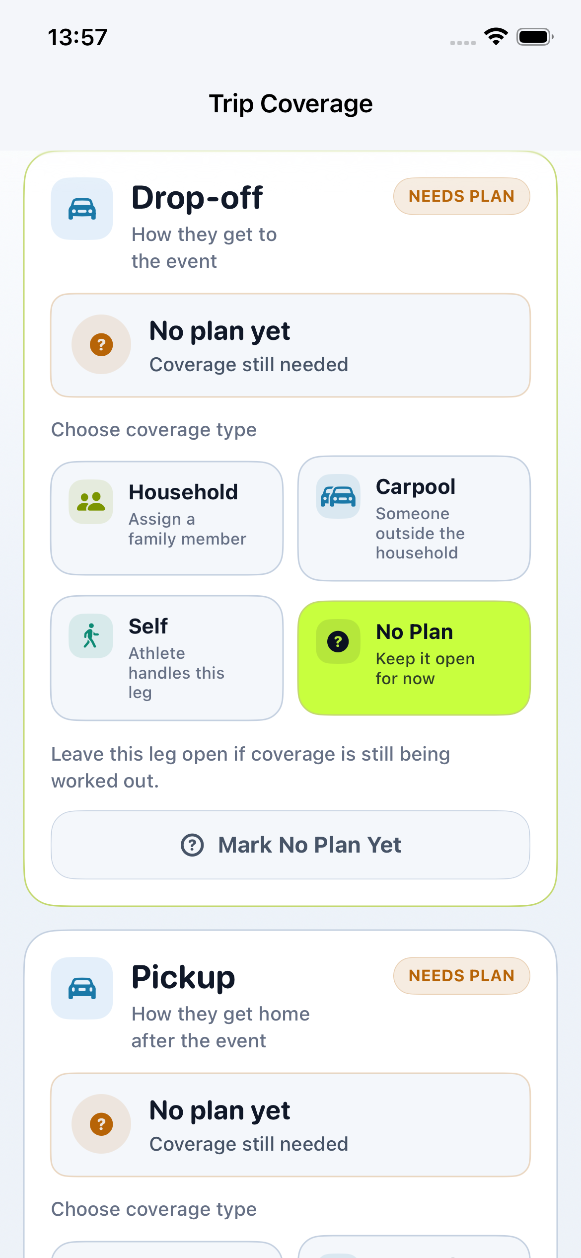 Sportifyr trip coverage screen showing driver coverage choices